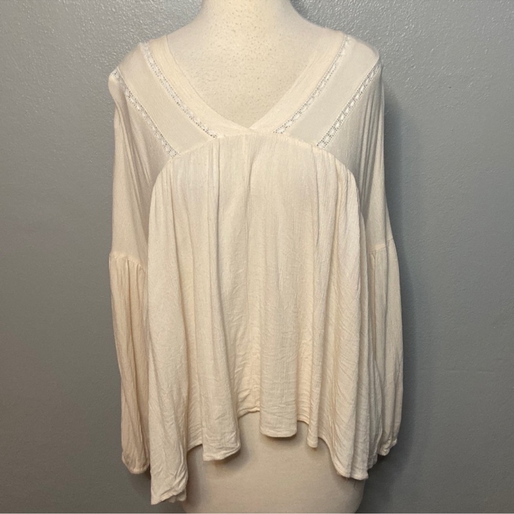 Umgee Long Sleeve V-Neck Top Cropped Uneven Hem | L